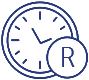 image of a blue outlined clock showing time with a outlined coin with R on the front
